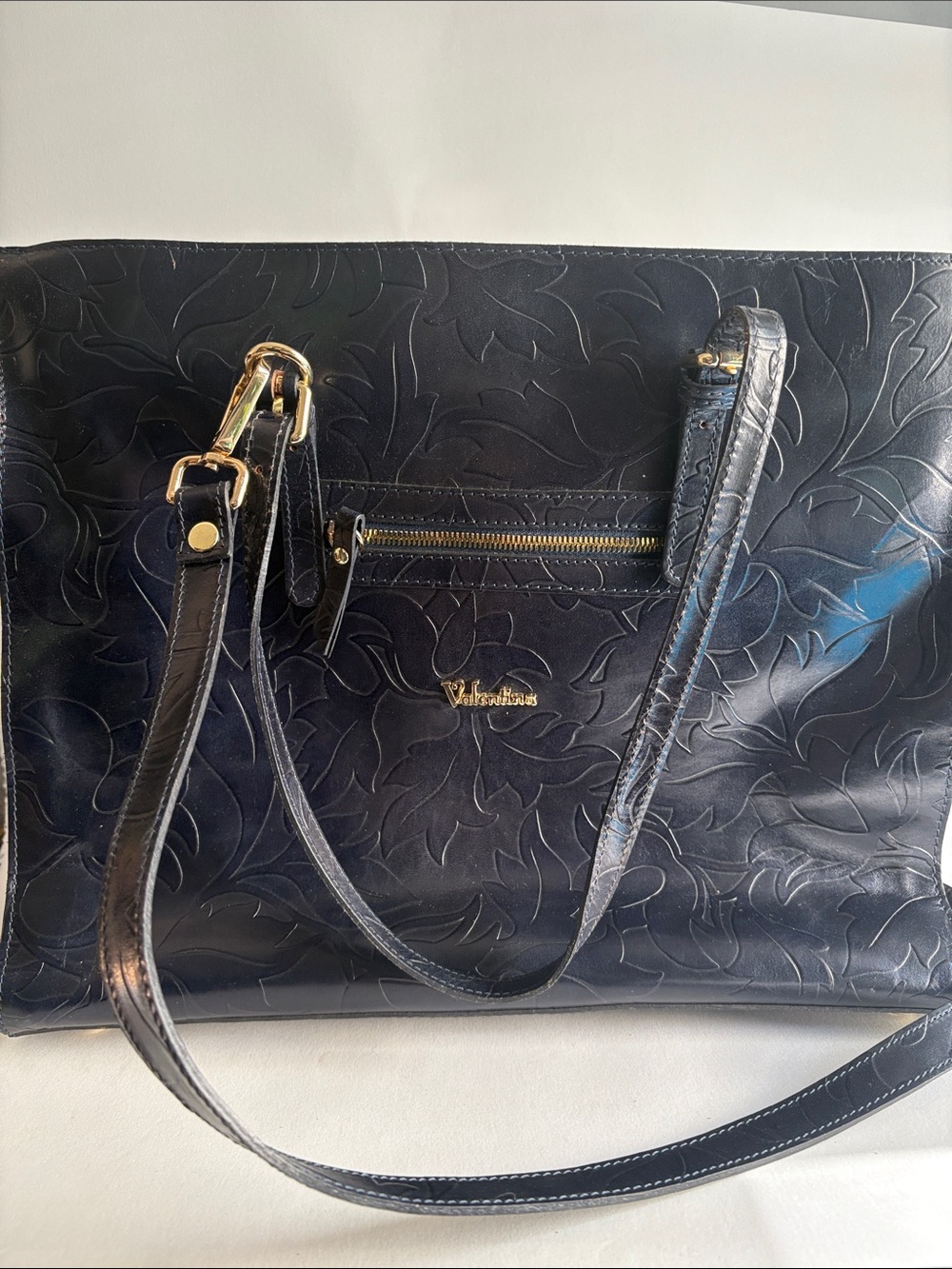 Valentina Navy Embossed Leather Tote Gold Hardware Italian